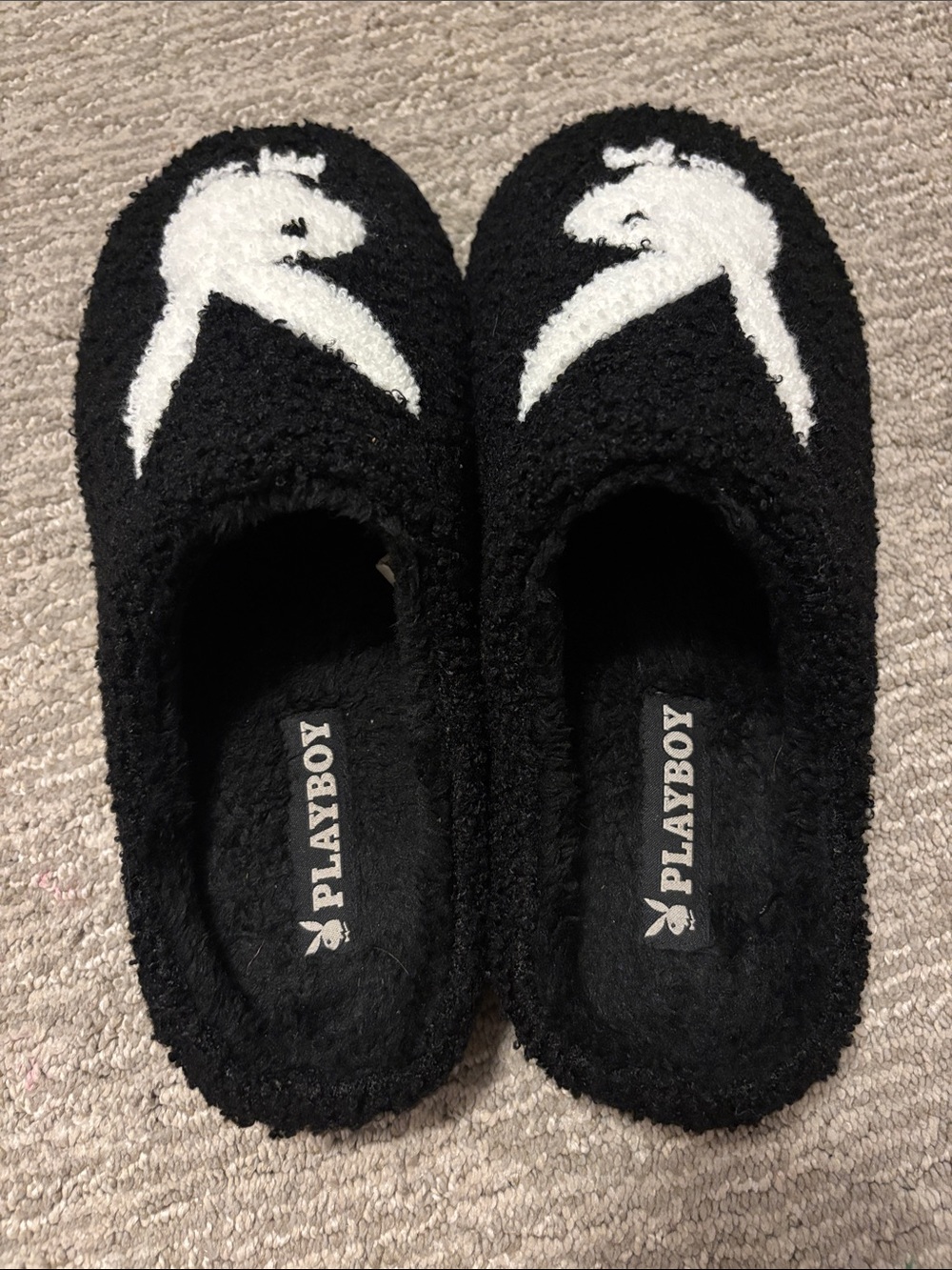 PLAYBOY Black Plush Slippers with White Bunny Logo - Picture 2 of 3